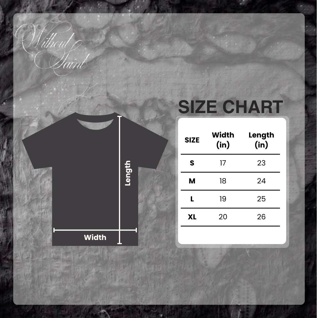 Black and white image of a modern size chart for the Distained tee by WithoutSaint, showcasing fit and measurements.