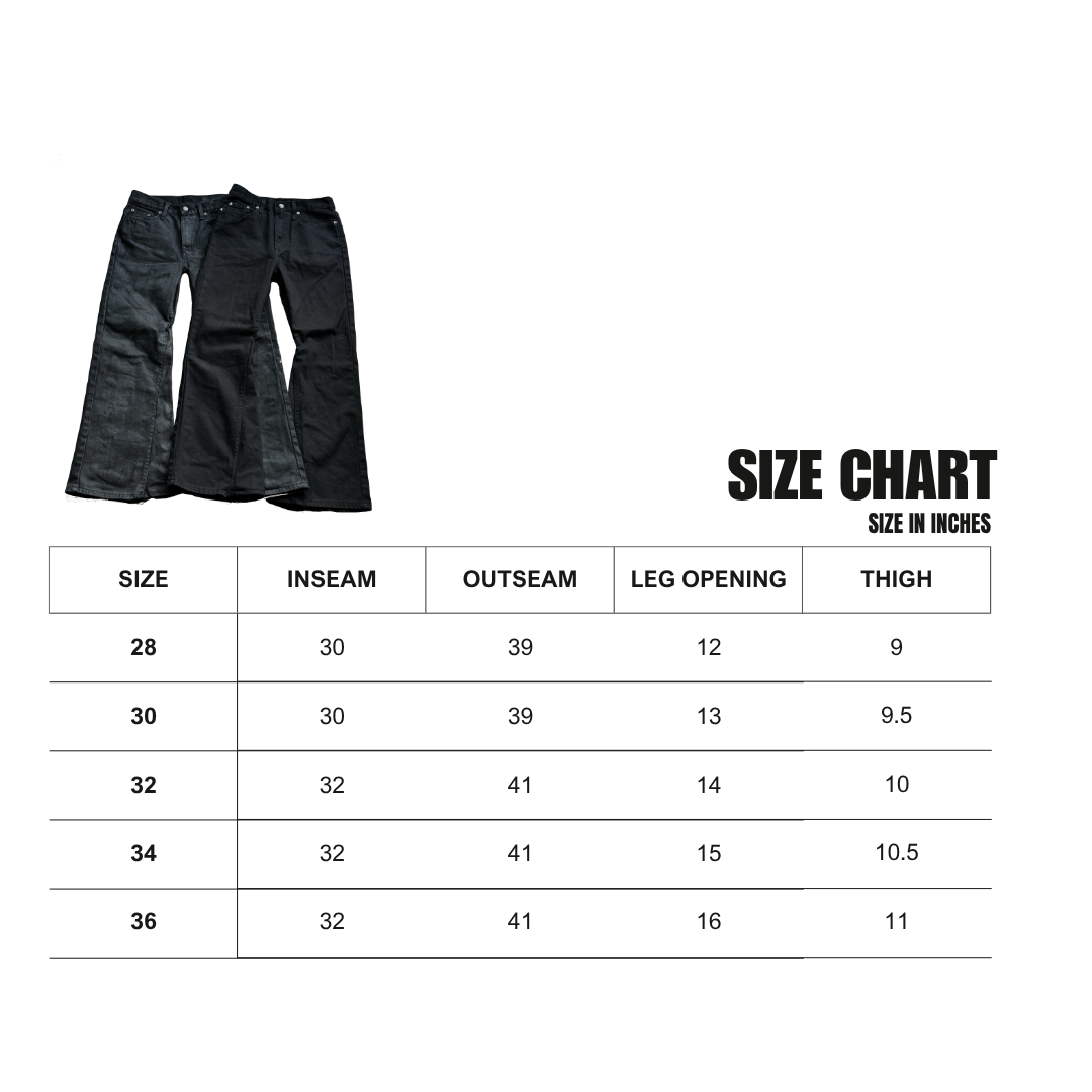 Gray waxed denim flared jeans from WithoutSaint, shown on a size chart with minimalist design elements.